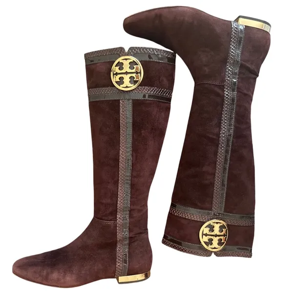 Tory Burch Brown Suede Riding Boots Snakeskin Gold Logo Knee High Sz 8 - Image 5