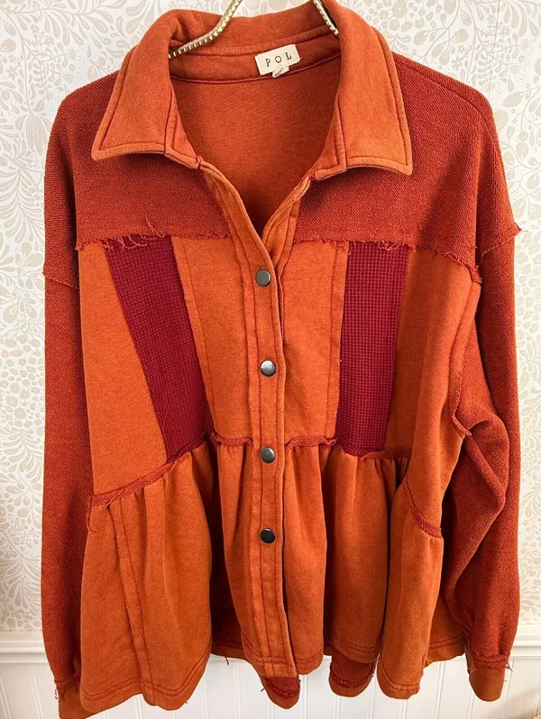 POL Boho Orange Oversized Button-Front Peplum Sweatshirt Jacket - Size - Small - Image 2