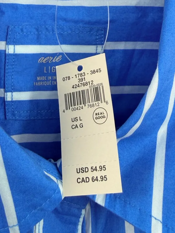 Aerie Good Day Button‎ Down Shirt Large Blue Striped Oversized Cotton - Image 10