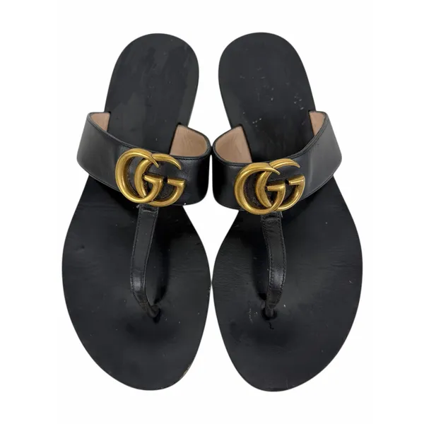 Gucci Black Leather Thong Sandal Gold Double G Logo Size 36.5 - Image 4