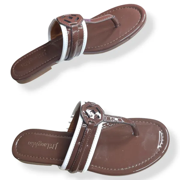 J.McLaughlin Leslie Thong Sandals Patent Leather Brown‎ White Preppy Women 7M - Image 2