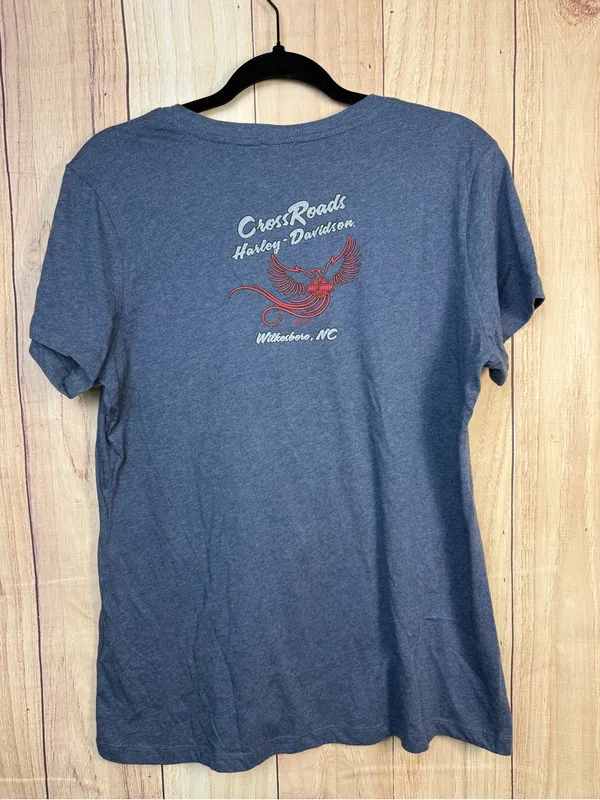 Harley-Davidson Blue V-Neck Tee with Red and White Skull Graphic - Image 4