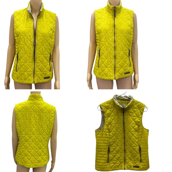 GH Bass and Co Quilted Vest Chartreuse Zip Front Fleece Collar Zip Pocket Medium - Image 4