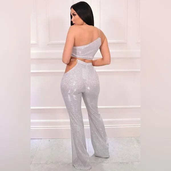 Silver Glitter Cut Out Clear Strap Wide Leg Trousers - Image 7