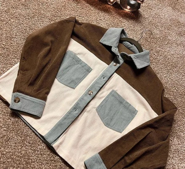 Colorblock corduroy jacket with functioning buttons. Tan Size M - Image 2