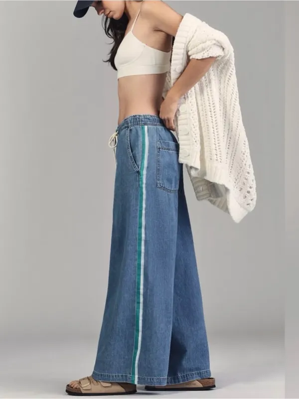 Pilcro Anthropologie The Surfer Drawstring Wide Leg Side Stripe Jean Denim S - Image 2