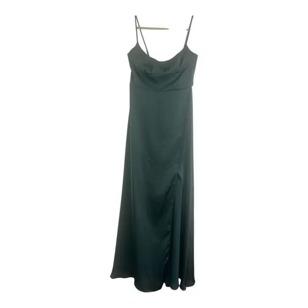 ✨Azazie Halsey Stretch Sea Moss A-Line Side Slit Stretch Satin Sz A8 Dress✨ - Image 7