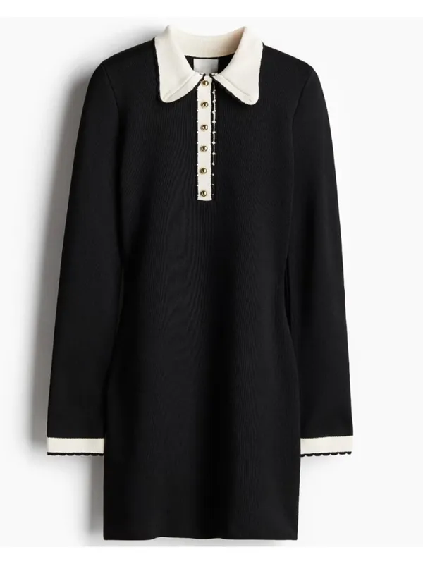 H&M Knitted Collared Dress Black White Long Sleeve Size M 60s Mod Parisian Chic - Image 2