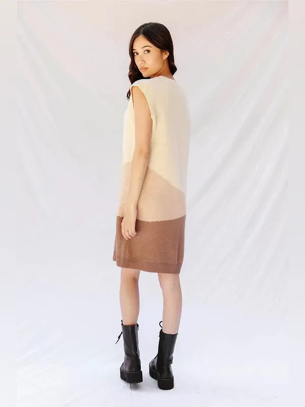 Miss Sparkling Sunset Cream Beige Brown Colorblock V Neck Knit Sweater Mini Dres - Image 5