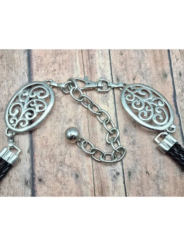 Ladies Silver Tone & Black Braided Faux Leather Chain Belt Swirl Size S Western - Image 5