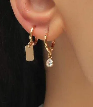 Geometric Rhinestone Hoop Drop Earrings Gold 2 pairs - Image 2