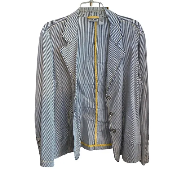 Chico's Seersucker Striped gray white yellow Yachtie Blazer coastal classic - Image 4