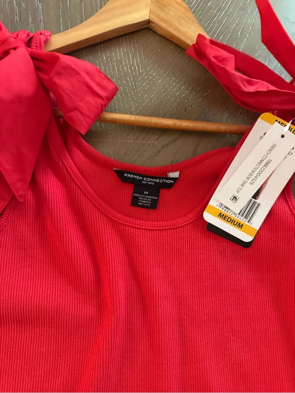French Connection Red Tie-Shoulder Ribbed Tank Top - Image 2