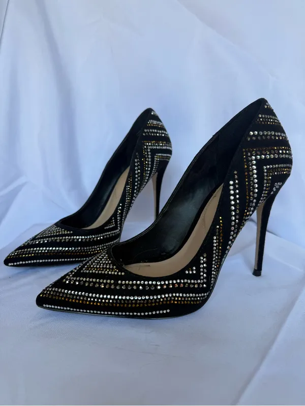 Aldo Lardonna Black Pointed Toe Stiletto Pumps Gold Silver Rhinestones Size 7 - Image 4