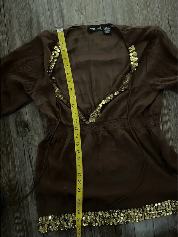 Y2K Wet Seal Brown Long Sleeve 100% Silk Sequin Blouse Top M - Image 8