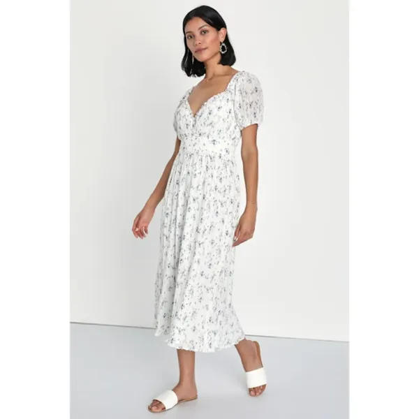 NWT Lulus Womens Size Small Life White Floral Print Puff Sleeve Midi Dress NEW - Image 4