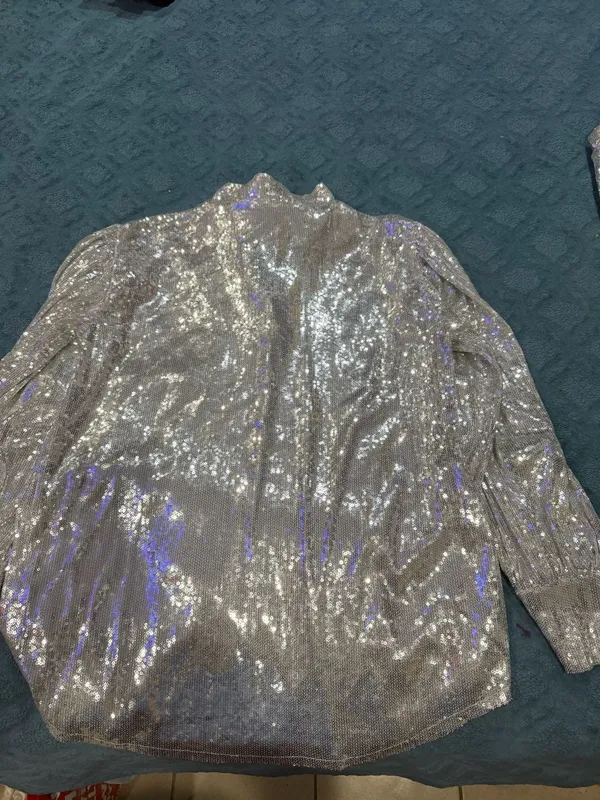 Josey Wynette Silver Sequin Long Sleeve V-Neck Blouse and Matching Jogger Set - Image 7