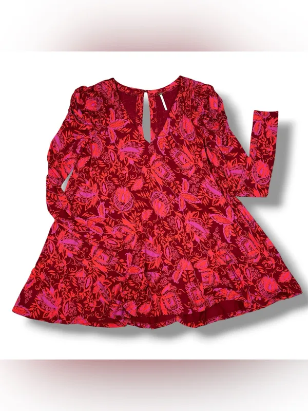 Free People Hello Lover Floral Ruched Puff Shoulder Tunic Mini Dress Red Small‎ - Image 13