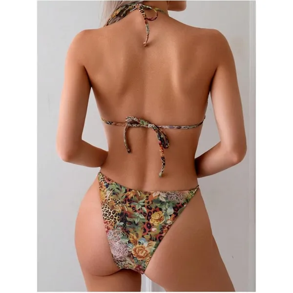 Boutique LARGE 2 Piece Swimsuit Leopard Floral Bikini Gold Ring Halter Bathing Suit - Image 2