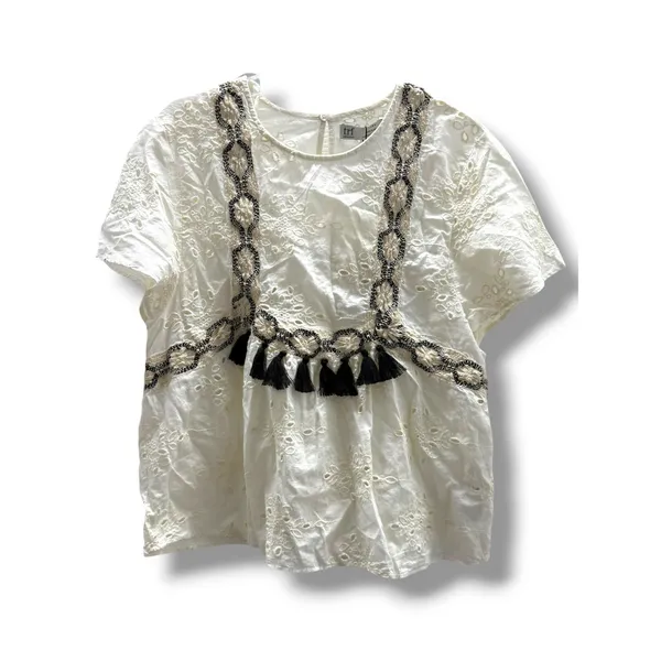 Zara TRF White‎ Eyelet Embroidered Cotton Tassel Boho Blouse XS NWT - Image 4