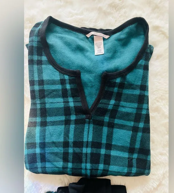 Victorias Secret Green Black Buffalo Plaid Thermal Pajamas Pjs Set ~ Small - Image 7