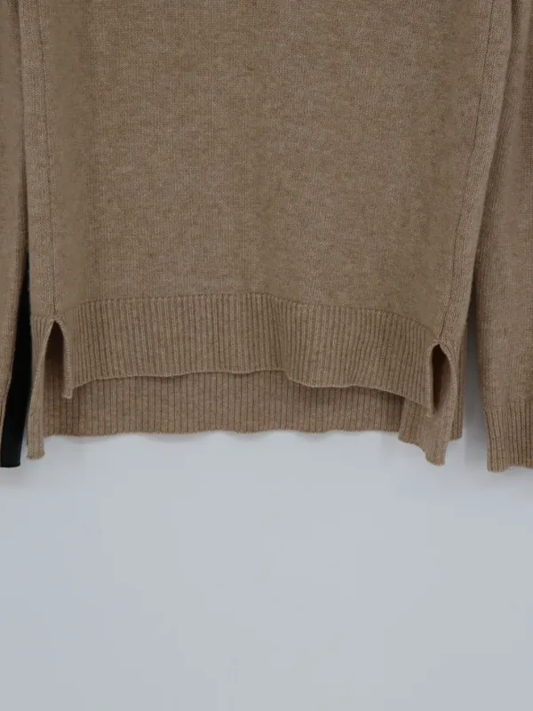 J.Crew Wool Cashmere V-Neck Sweater Small Tan Leather Sleeve Panels Tan - Image 6