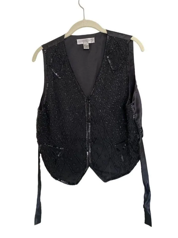 Vintage Silk Beaded Sequin Waistcoat Vest Black - Image 7