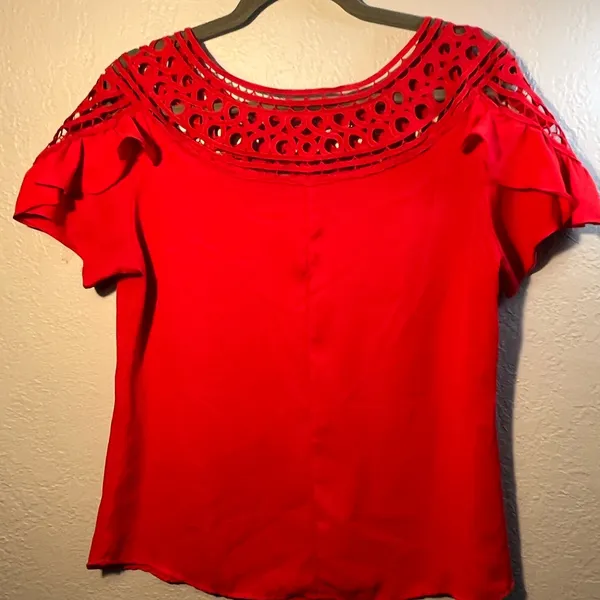 Red Ruffled Flutter Sleeve Blouse size Medium Red 2000s Y2K - Image 6