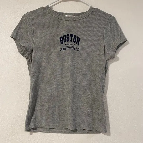 Orange Kiss Boston Ribbed Baby Tee Gray Short Sleeve Fitted Top Size L - Image 3