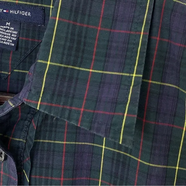 Tommy Hilfiger Plaid Ruffle Cuff Trim Button Front‎ Shirt Green Navy Medium - Image 7