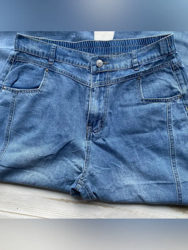 Light weight medium wash wide leg flare contour stitching pull on denim jeans 12 - Image 2