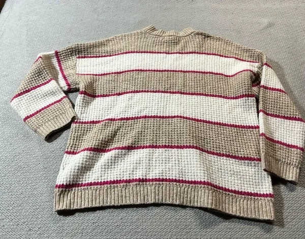 American Eagle Outfitters Tan White Pink Striped Waffle Knit Crewneck Sweater XS - Image 5