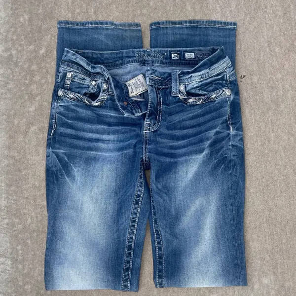 Miss Me Dark Blue Boot Cut Jeans with Silver Embellishments - Image 2