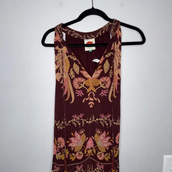 Farm Rio Maxi Dress Women Medium Burgundy Floral Tiered Beaded Tassel Boho - Image 6