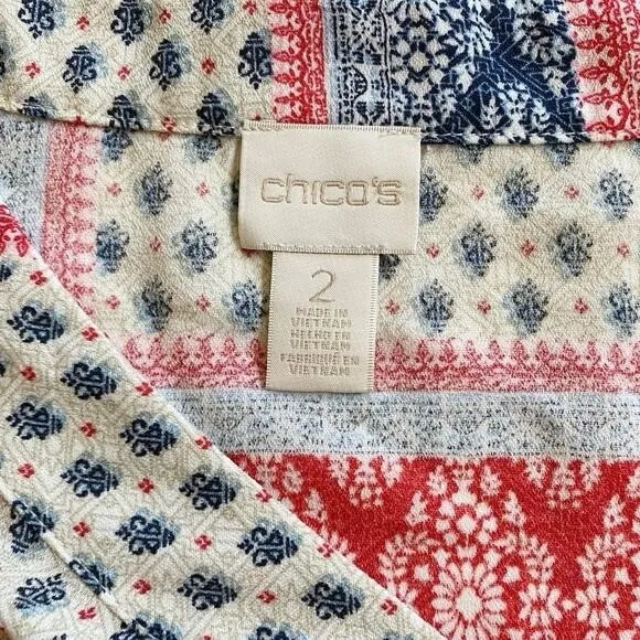 Chicos Cold Shoulder‎ Tie Neck Patchwork Blouse Red White Blue Size 2 Large - Image 4