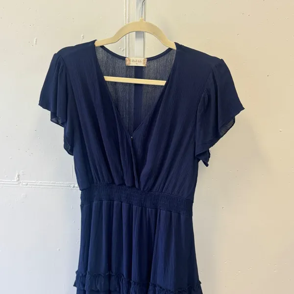 Altar'd‎ State Navy Blue Flutter Sleeve Smocked Waist Tiered Ruffle Mini Dress M - Image 3