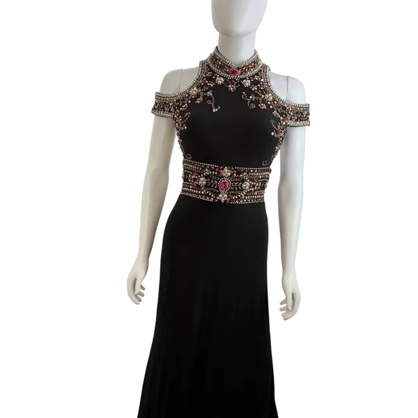 Mac Duggal Womens Black Beaded Cold Shoulder Open Back Evening Gown‎ Size 0 - Image 3