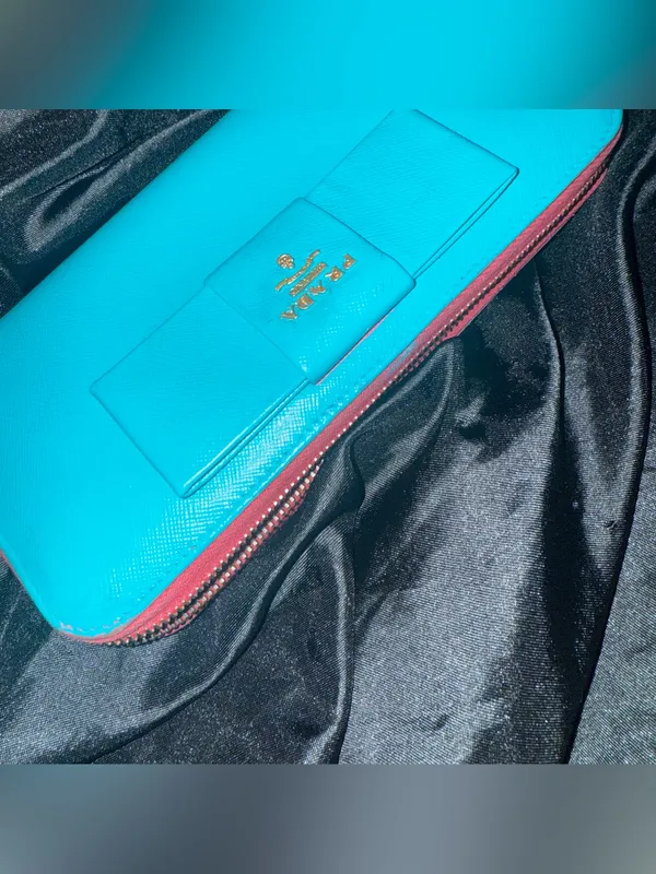PRADA REWORK: Turquoise Saffiano Leather Bow Clutch with Gold Logo - Image 6