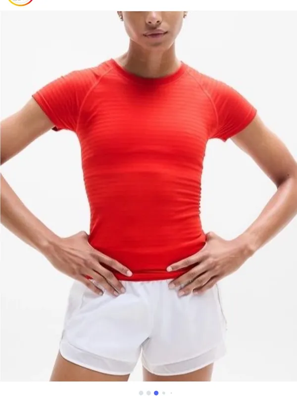 Athleta Momentum Seamless Short Sleeve Tee, Cardinal Stripe, Size Large - Image 2