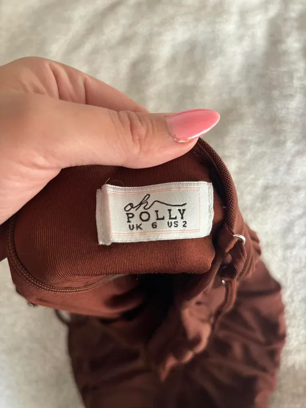 Oh Polly brown ruched mini dress size 2 body on - Image 3