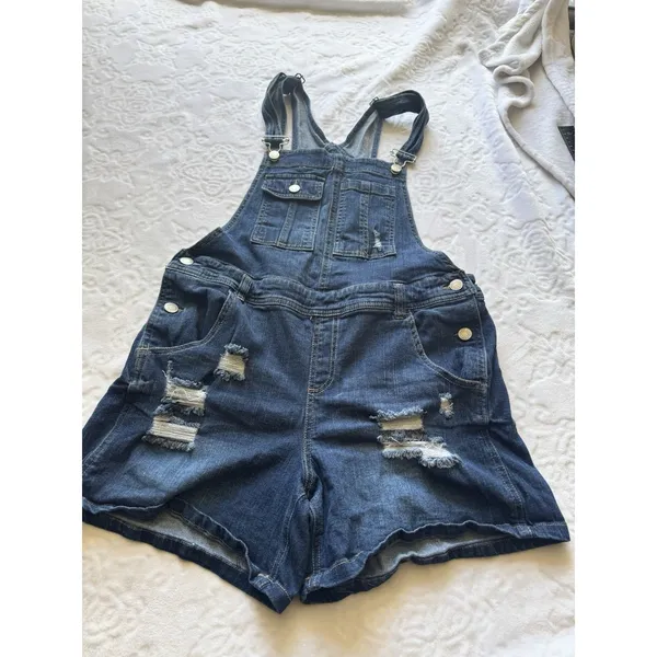 Almost Famous Romper, Women's Size 13 Blue, Denim, Overalls Shorts Distressed - Image 6
