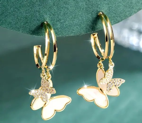 18K Gold Butterfly Pendant Hoop Earrings - Image 7