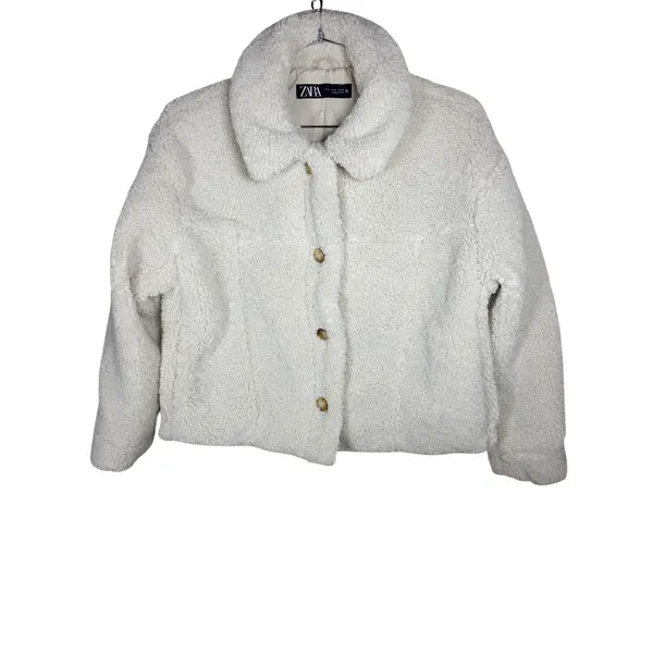 Zara Ivory Faux Shearling Sherpa Button Front Jacket Collared Cream Medium - Image 2