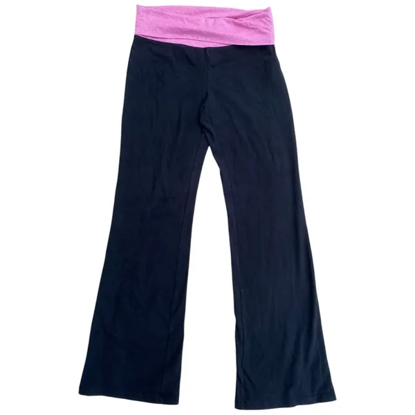 Y2K VS PINK M Foldover Black Flare Leggings Pink Silver Logo Low Rise Vtg - Image 4