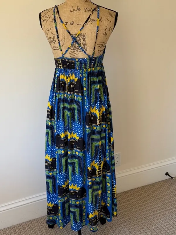 Antrhopologie Incerti midi dress small bandeau strappy blue black cat print - Image 5