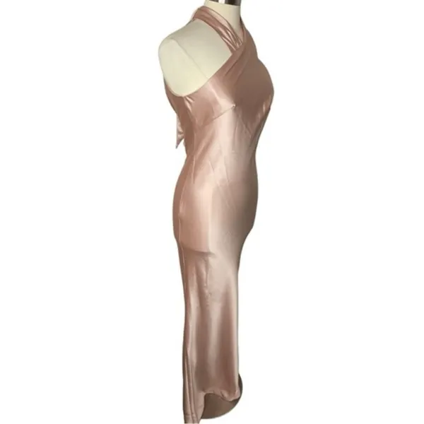 LOVELY Imogen Draped Twist Halter Tie-Back Trumpet Gown in Toasted‎ Sugar, XS - Image 3