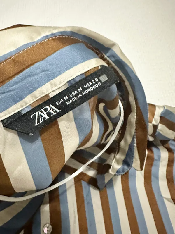 Zara satin striped shirt blue tan brown longsleeve buttondown - Image 2