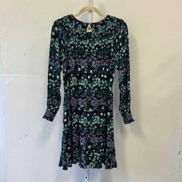 LOFT Floral Smocked Long Sleeve Flowy Mini Dress with Tie Black Green Purple Med - Image 2