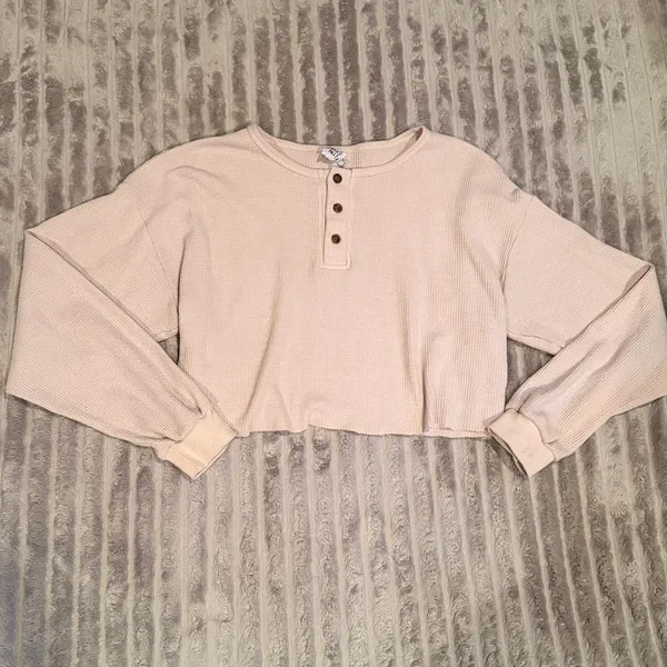 Princess Polly Women's US 8 Crop Waffle‎ Knit Henley Top Beige/Cream Long Sleeve - Image 2