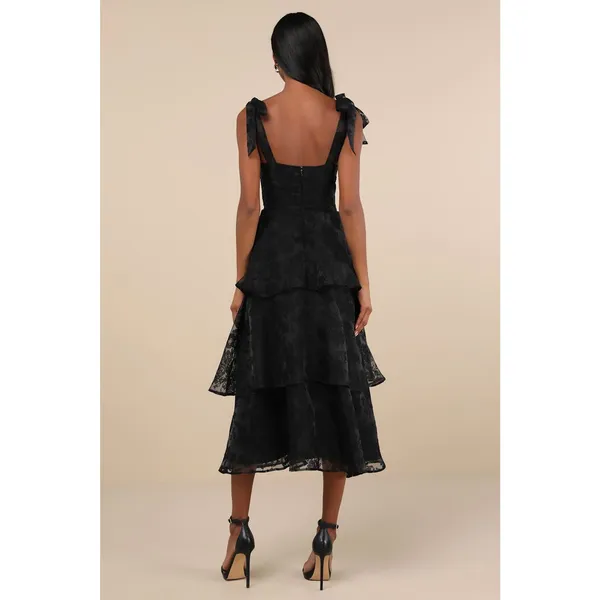 Lulus Glamorous Sweetie Black Burnout Tie-Strap Bustier Dress Holiday Medium - Image 4